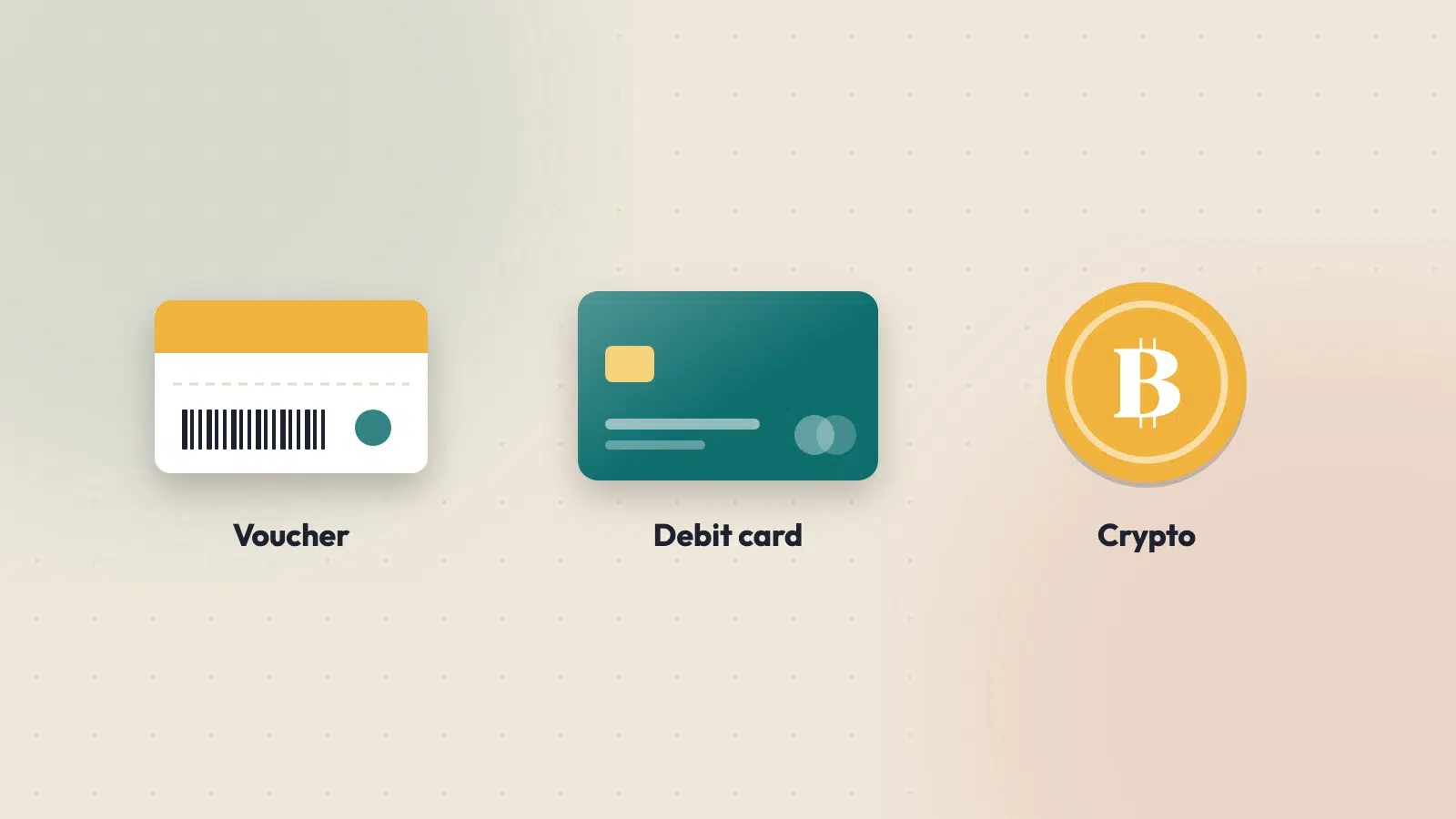 Prepaid voucher, debit card and crypto coin side by side